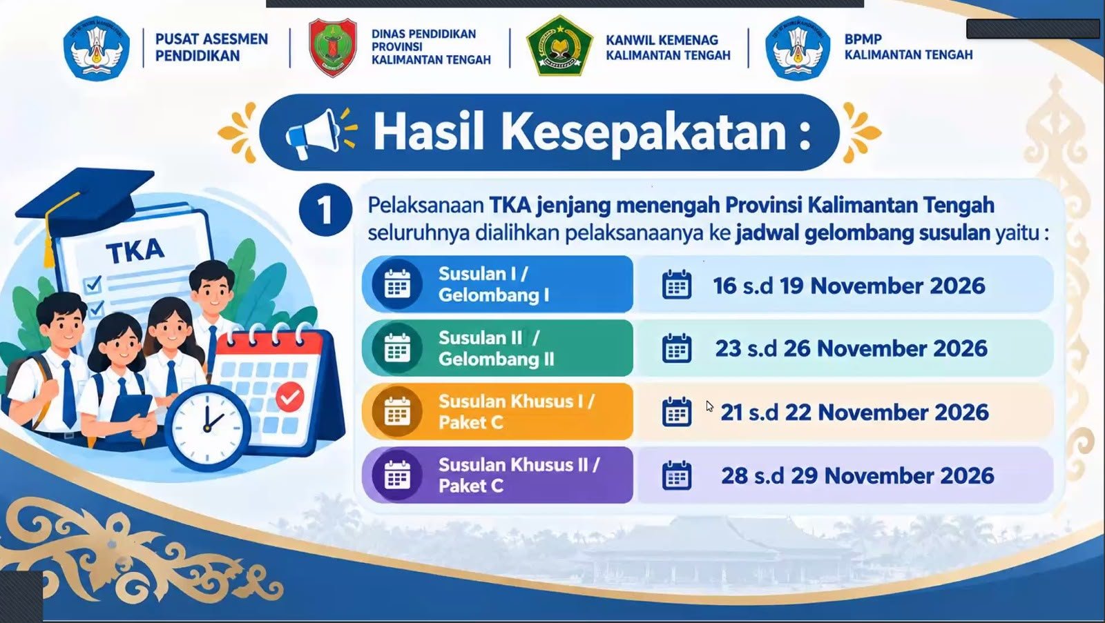 Pelaksanaan TKA Jenjang Menengah Provinsi Kalimantan Tengah Dialihkan Pelaksanaanya Ke Jadwal Gelombang Susulan